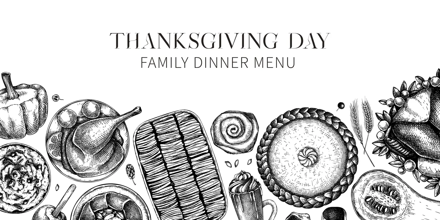 Thanksgiving background. Fall food and drinks trendy frame design. Sketched turkey, vegetables, baked goods, and desserts black and white sketches. Vintage autumn food template. Thanksgiving dinner Illustration